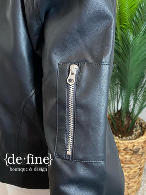 Black Faux Leather Bomber Jacket with Zipper Sleeve Detail