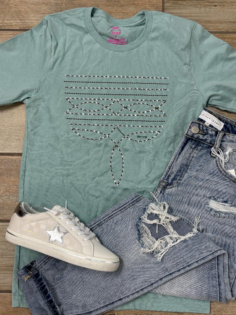 Bling Boot Stitch Dusty Blue Graphic Tee