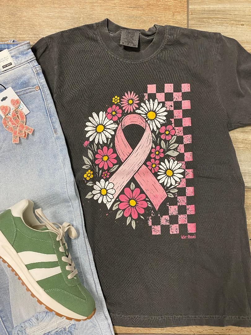 Breast Cancer Awareness Ribbon with Flowers and Checker Graphic Tee