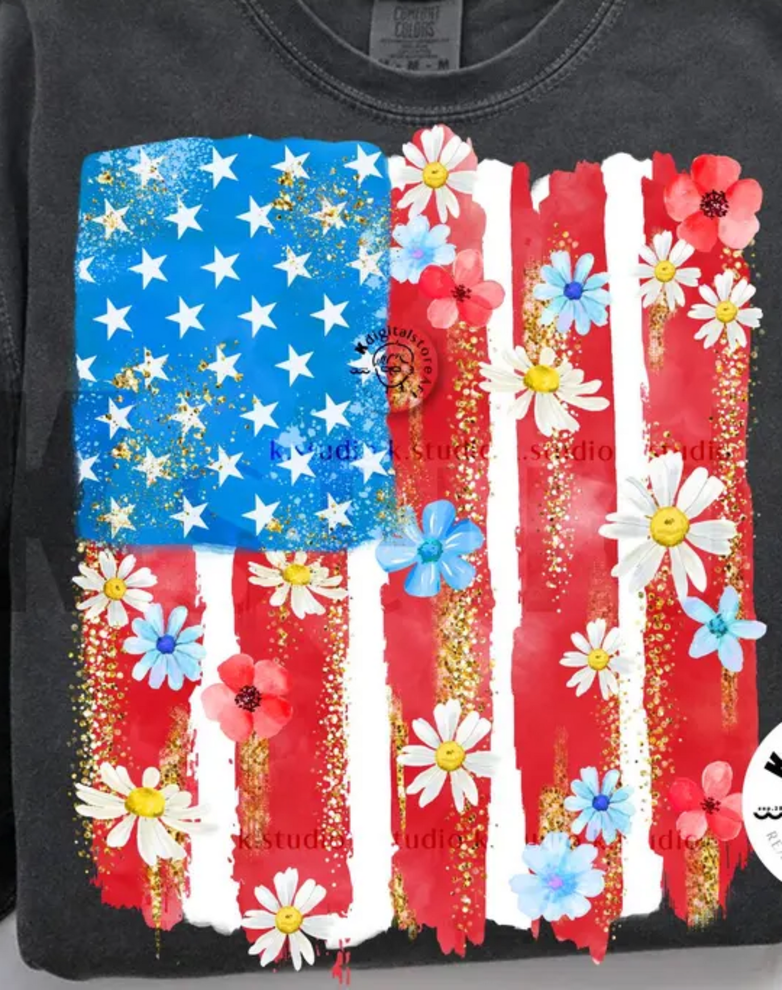 Brushstroke Flag with Flowers Graphic Tee 3 Colors