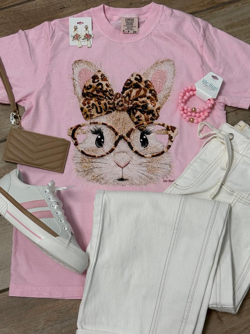 Bunny with Leopard Glasses and Bow Graphic Tee
