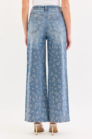 Cello Rhinestone Leopard High Rise Wide Leg Jeans