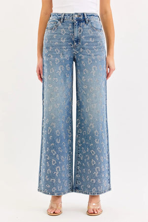 Cello Rhinestone Leopard High Rise Wide Leg Jeans