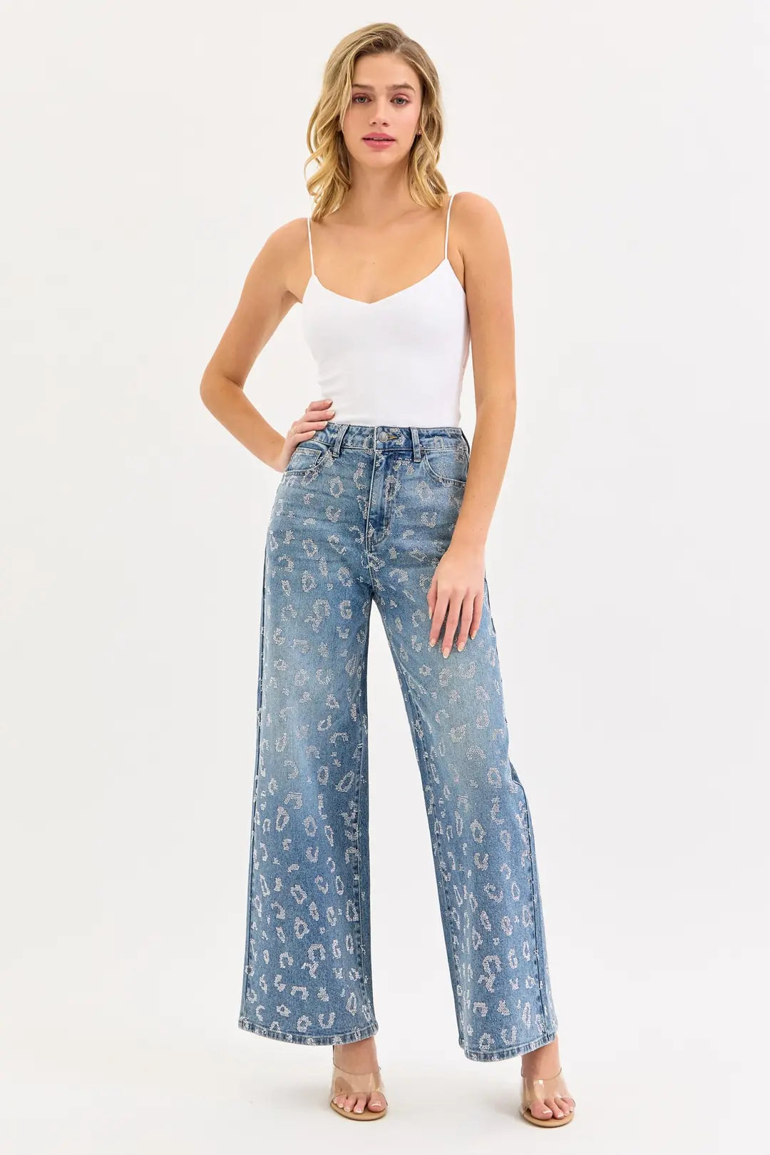 Cello Rhinestone Leopard High Rise Wide Leg Jeans