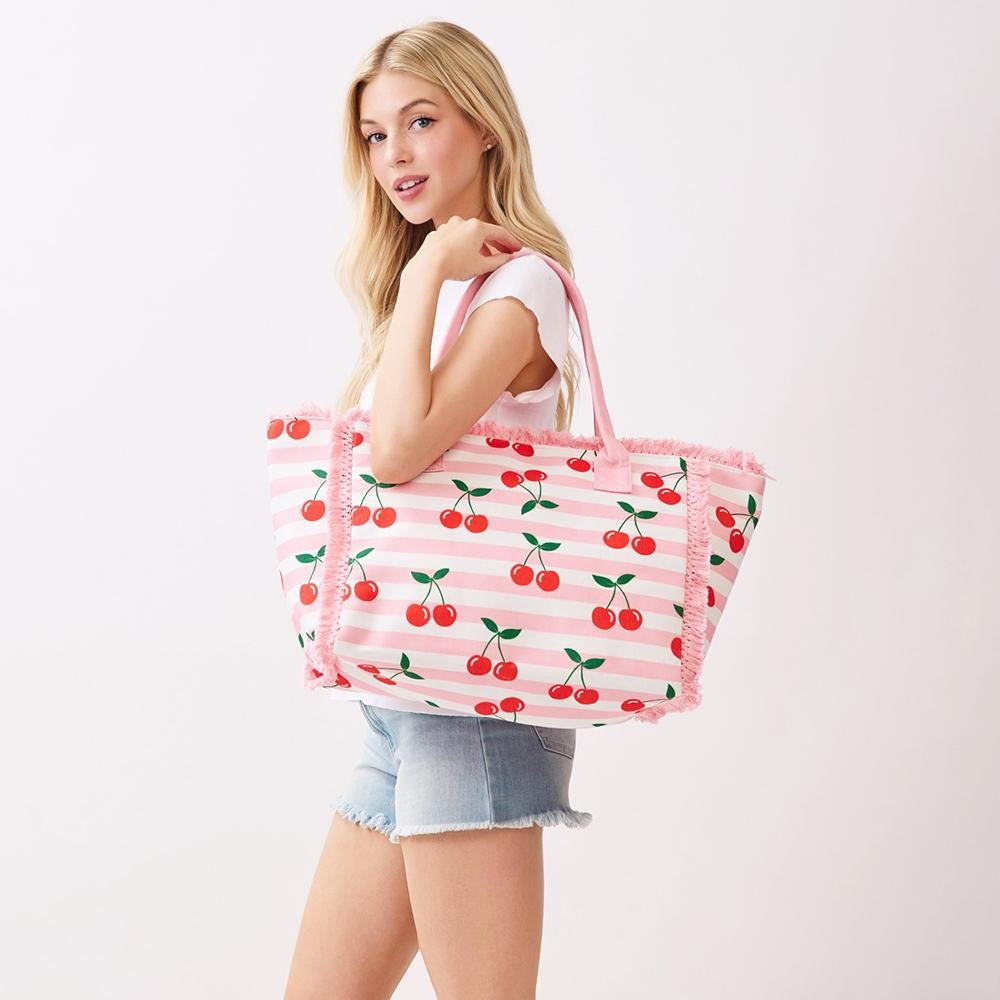 Cherries and Stripes Fringe Tote Bag