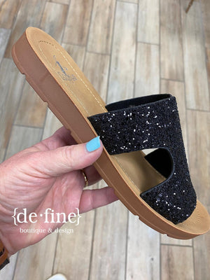 Corkys Bogalusa Cushioned Sandals in Black Glitter