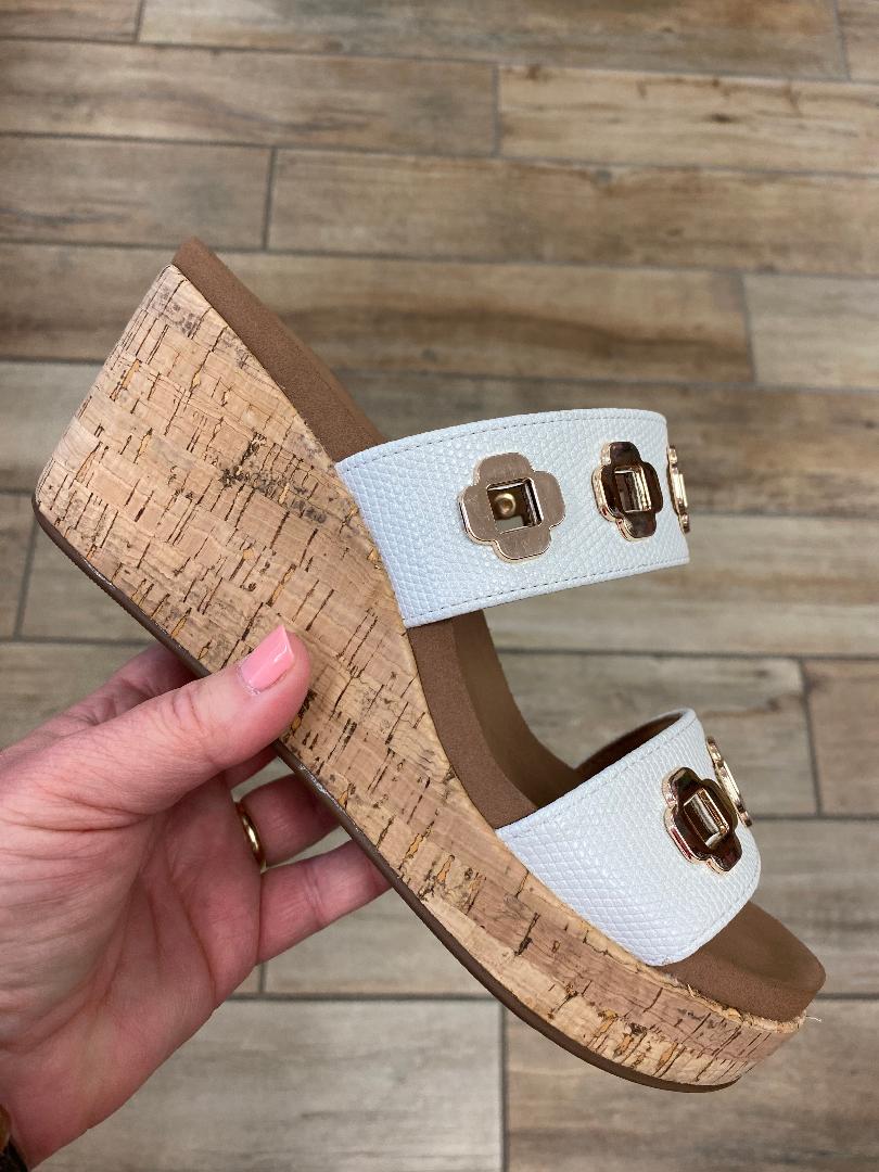 Corkys White and Gold Wedge Sandals