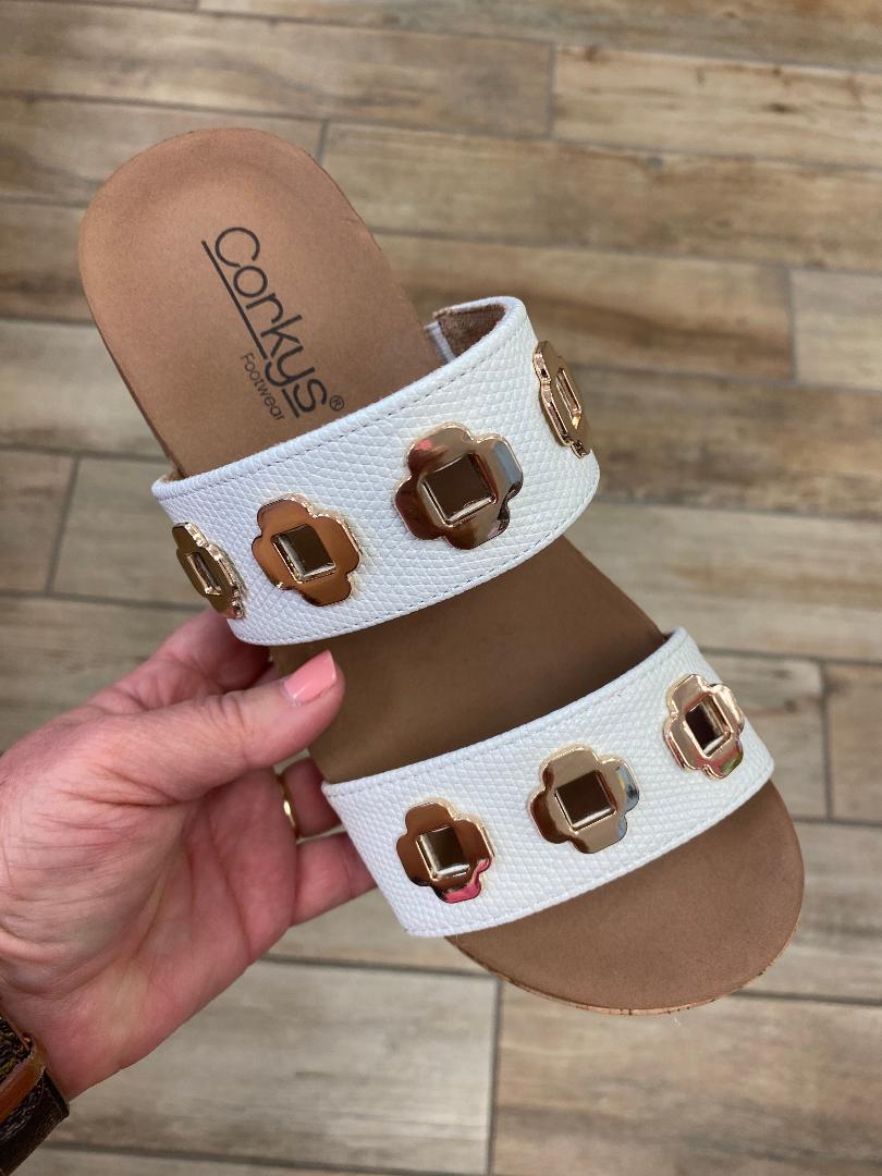 Corkys White and Gold Wedge Sandals