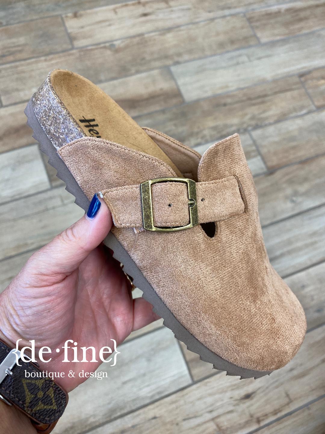 Corkys One for the Books Camel Faux Suede Clogs