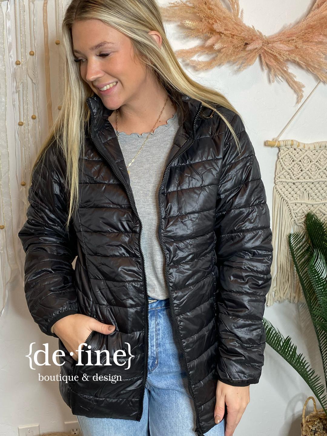 Packable Lightweight Puffer Jacket in Black or Ivory with Bag