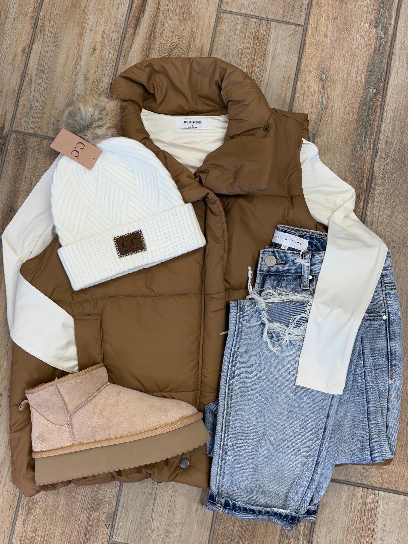 Cream or Brown Zip Up Puffer Vest