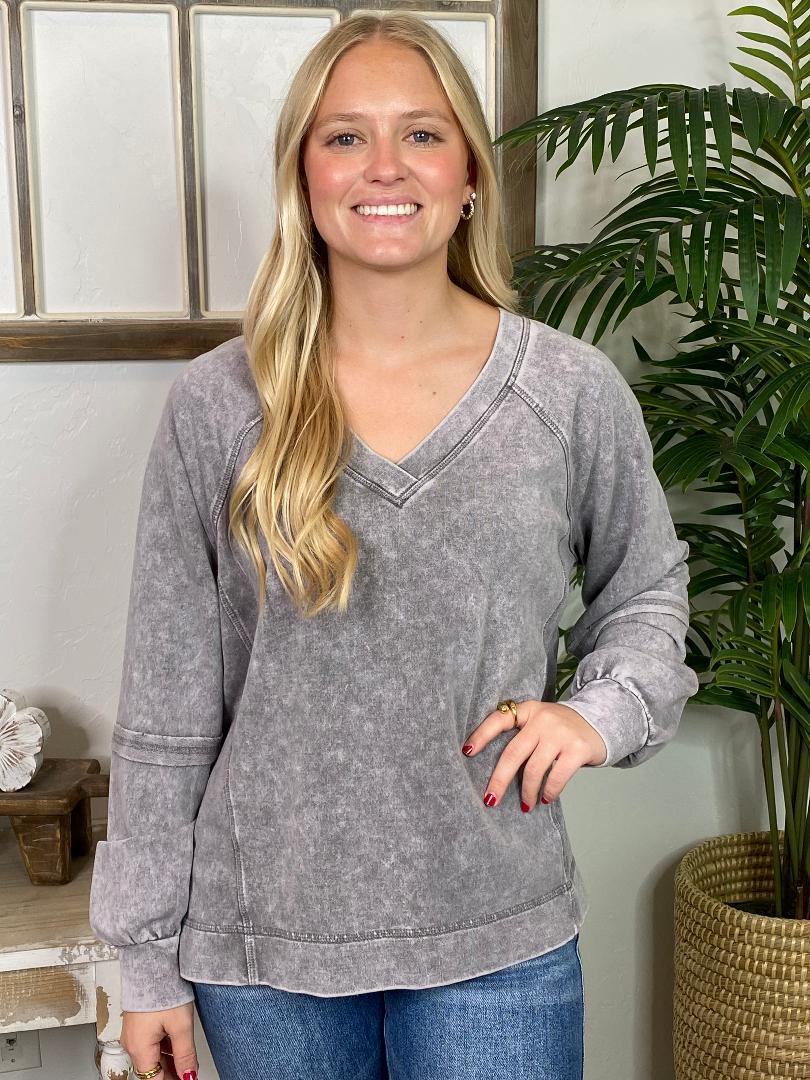 Grey Acid Wash V-Neck Pullover