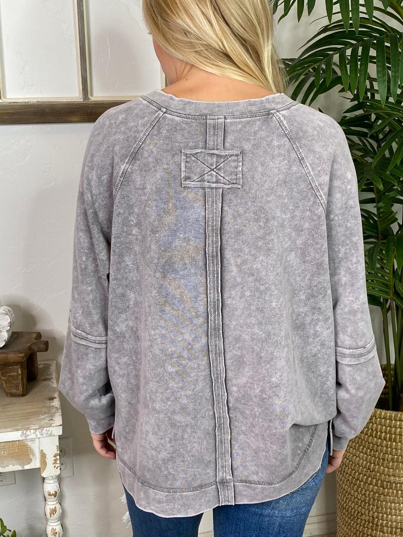 Grey Acid Wash V-Neck Pullover