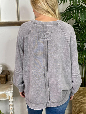 Grey Acid Wash V-Neck Pullover