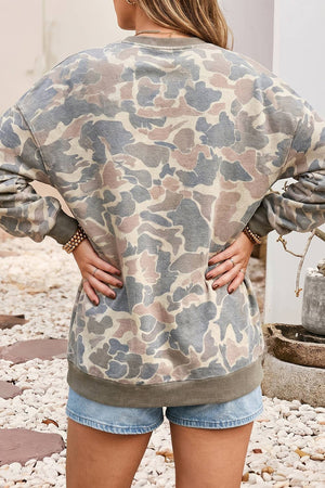 Camouflage Print Ribbed Trim Casual Pullover Sweatshirt