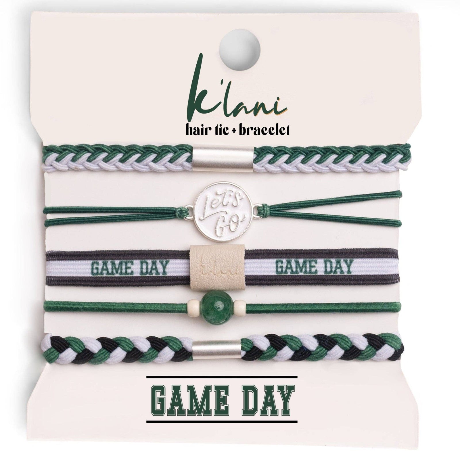 "Game Day" Green, White & Black Hair Tie+  Bracelets