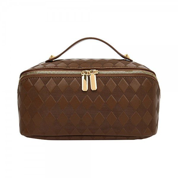 Vegan Leather Diamond Checker Travel Makeup Bag