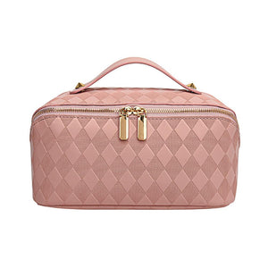 Vegan Leather Diamond Checker Travel Makeup Bag