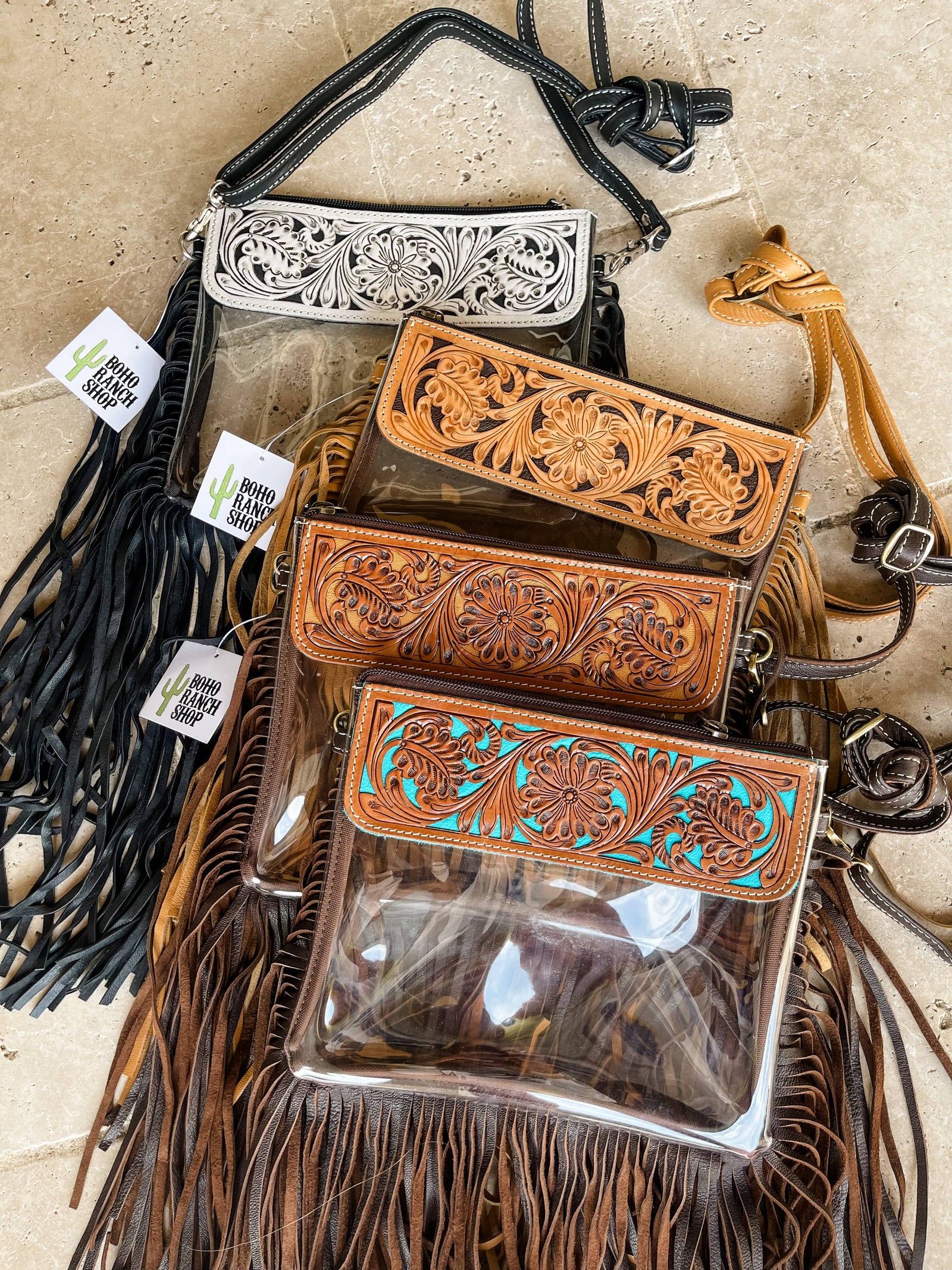 Hand Tooled Clear Purse Crossbody with Fringe