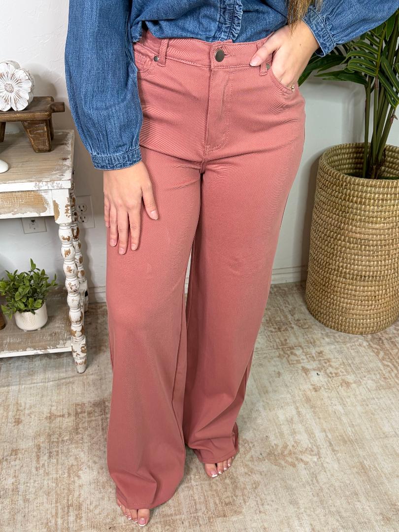 Mauve Stretch Denim Wide Leg Pants