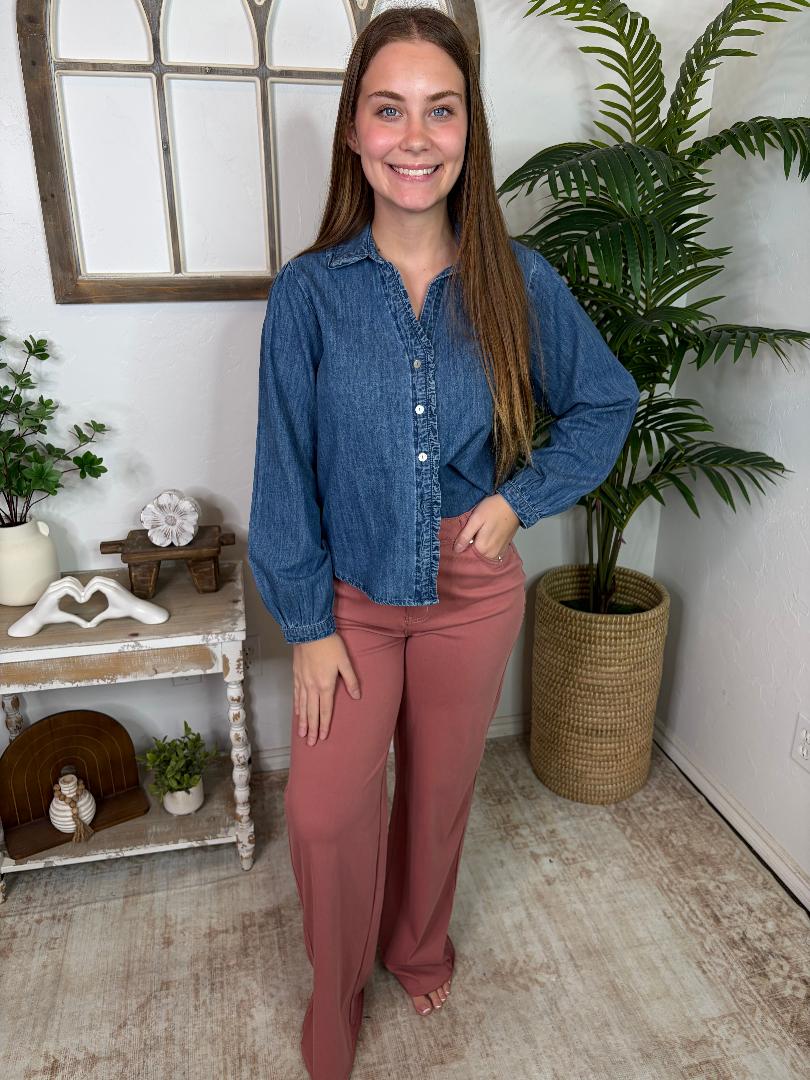 Mauve Stretch Denim Wide Leg Pants