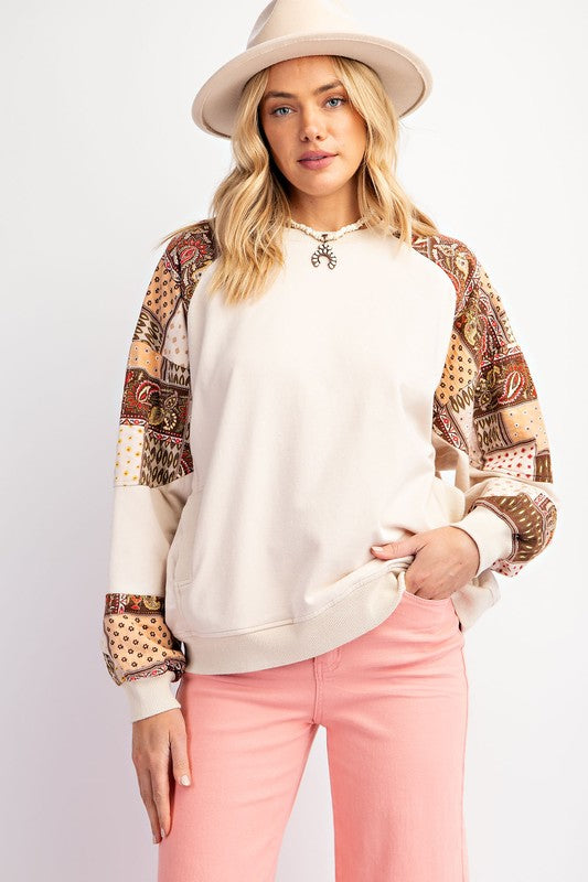 Sage or Khaki Top with Mixed Sleeves in Regular or Curvy