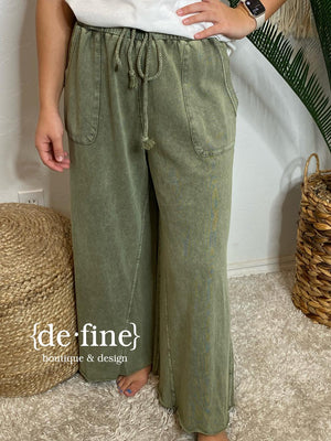 Mineral Washed Terry Wide Leg Pants in Olive or Bright Green