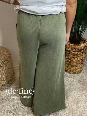 Mineral Washed Terry Wide Leg Pants in Olive or Bright Green