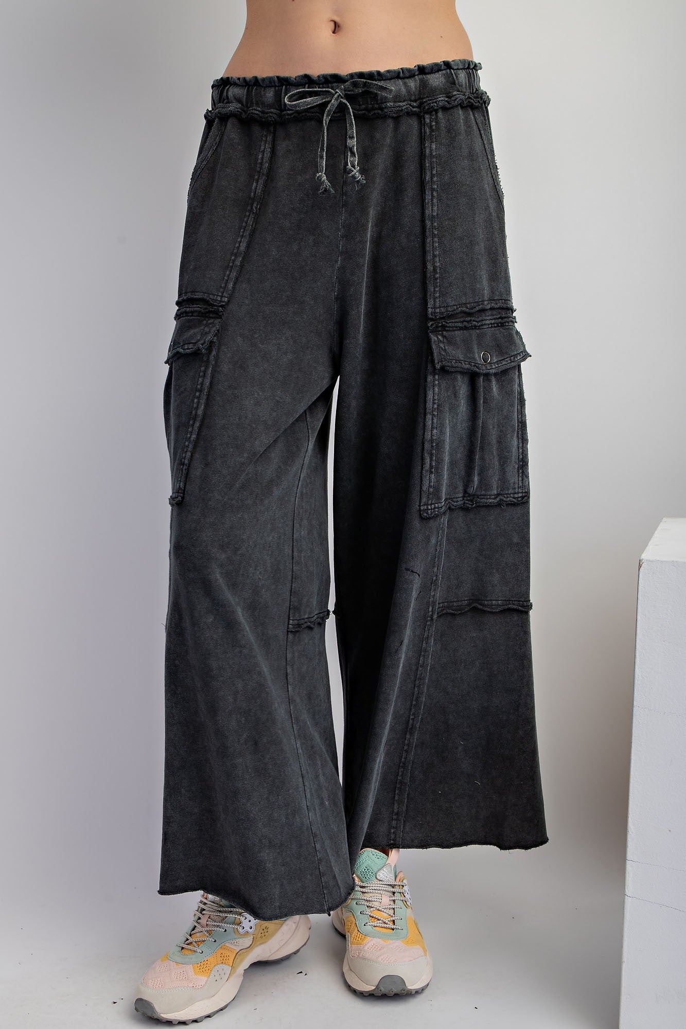 Mineral Washed Terry Cargo Wide Leg Pants in 2 Colors in Curvy