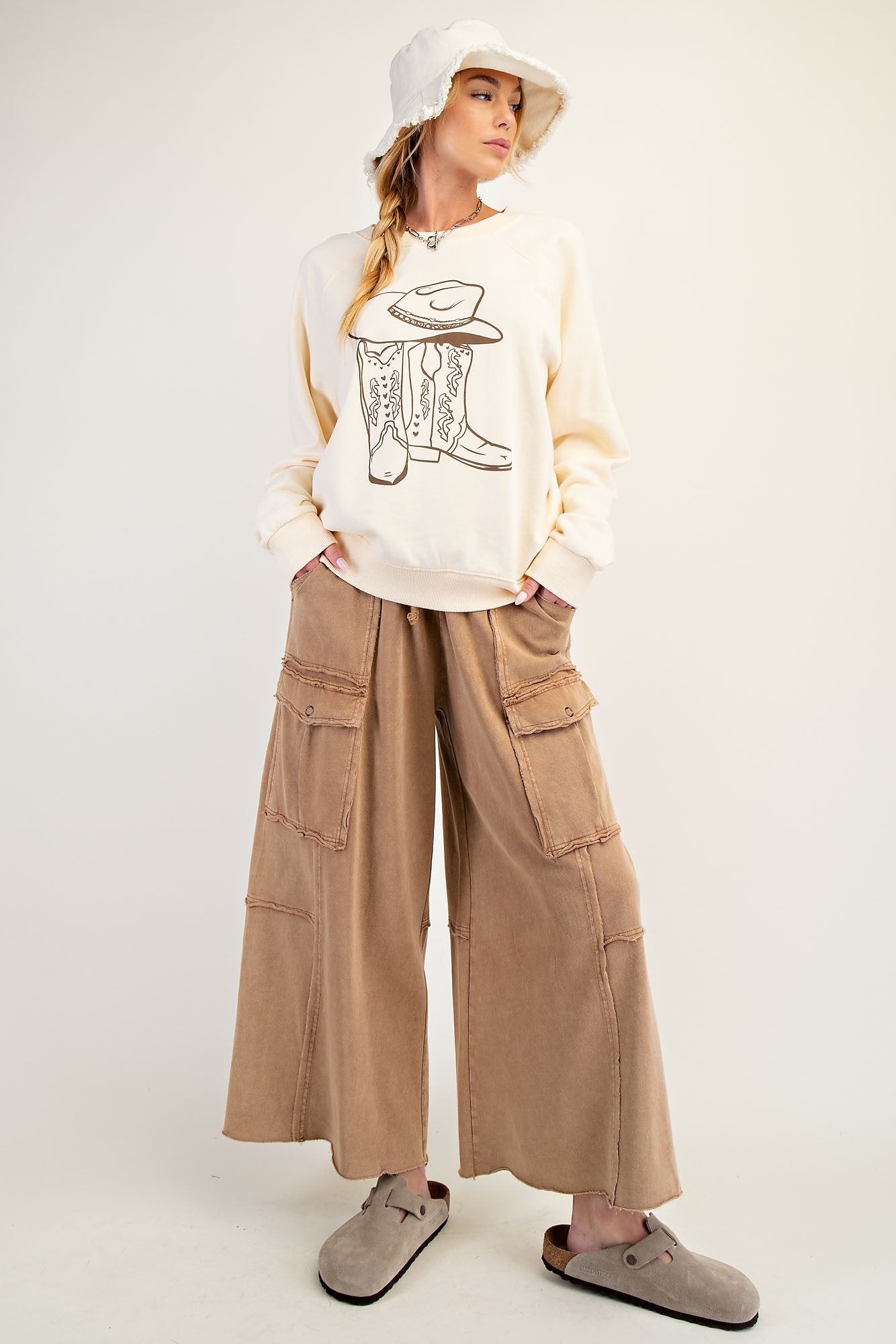 Mineral Washed Terry Cargo Wide Leg Pants in 2 Colors in Curvy