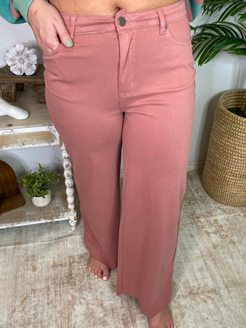 Mauve Stretch Denim Wide Leg Pants