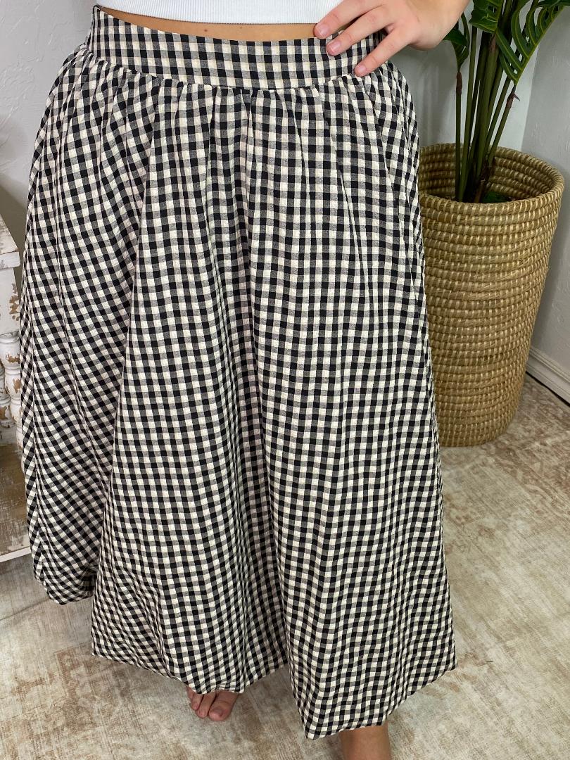 Black Gingham Bubble Midi Skirt