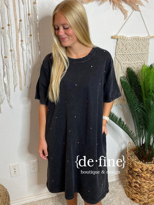 Black Mineral Washed Tee Shirt Dress with Colored Rhinestones