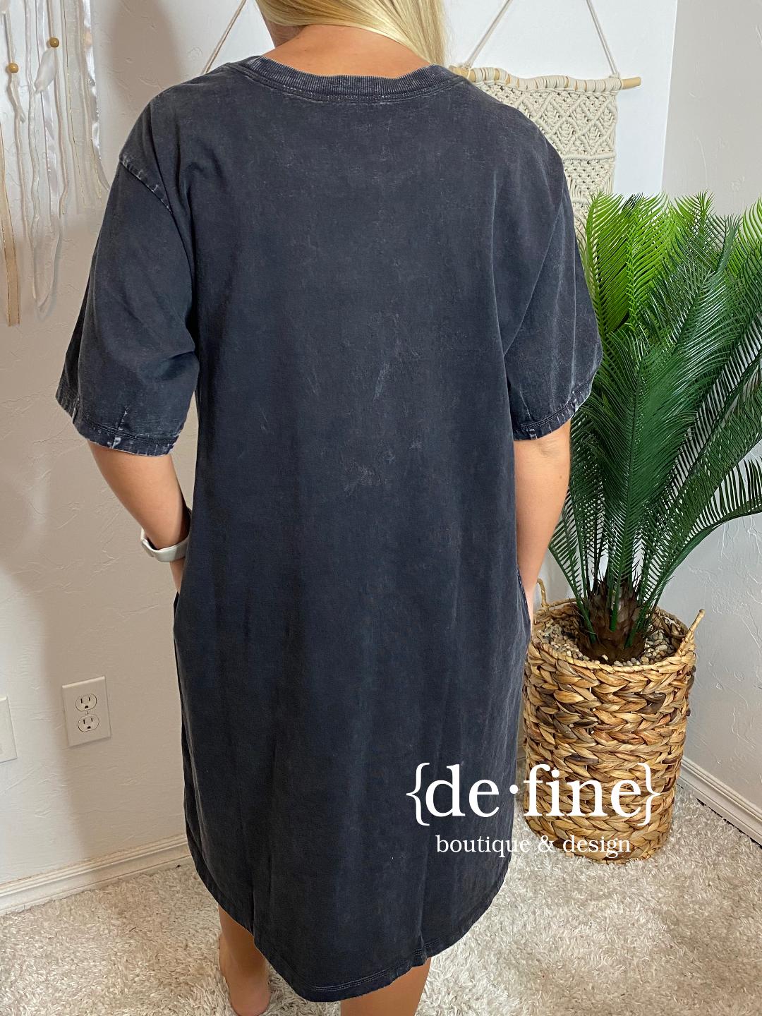 Black Mineral Washed Tee Shirt Dress with Colored Rhinestones