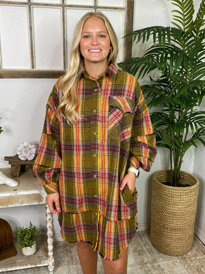 Golden Kiwi Plaid Long Button Down Shirt or Dress