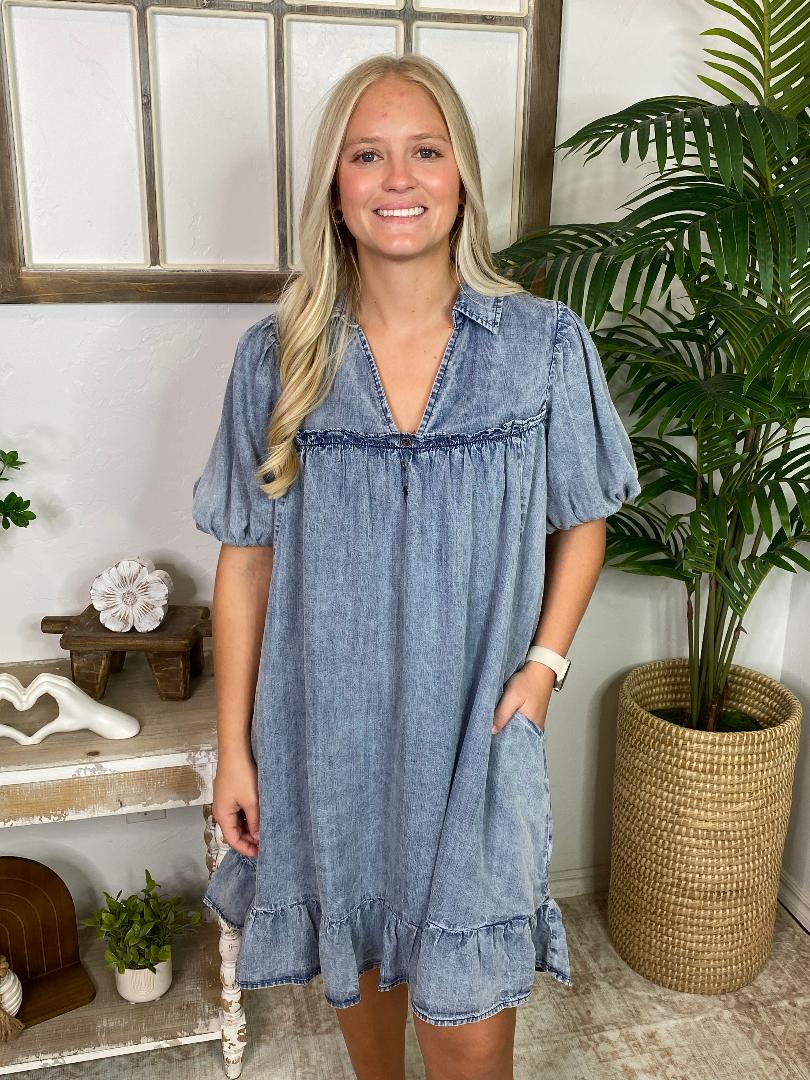 Washed Denim V-Neck Ruffle Hem Dress