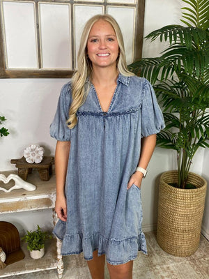Washed Denim V-Neck Ruffle Hem Dress