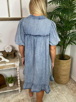 Washed Denim V-Neck Ruffle Hem Dress