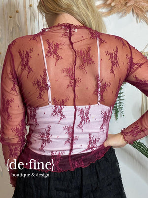 Long Sleeve Sheer Lace Top - Black, Burgundy and Ivory