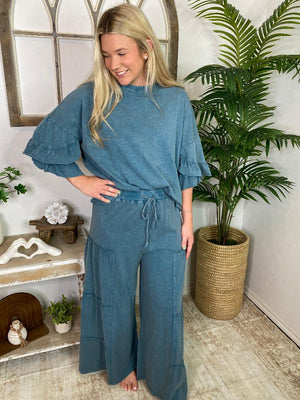 Mineral Washed Ruffle Leg Pants and Top Set - Sold Separately