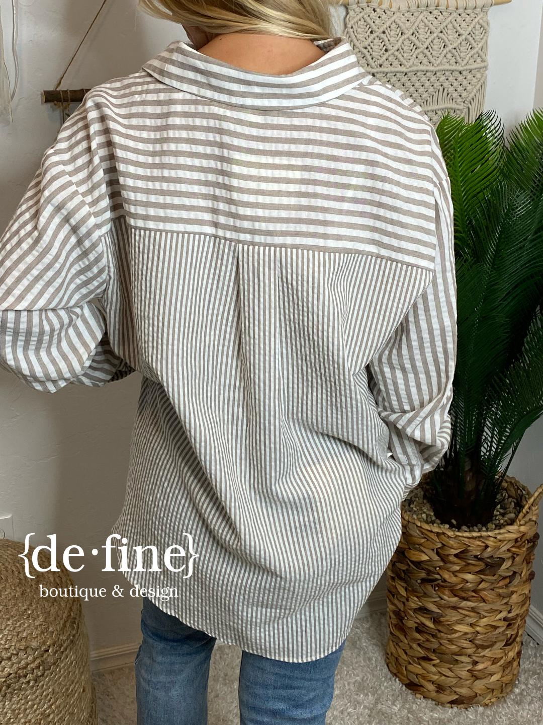 Mushroom and White Striped Button Up