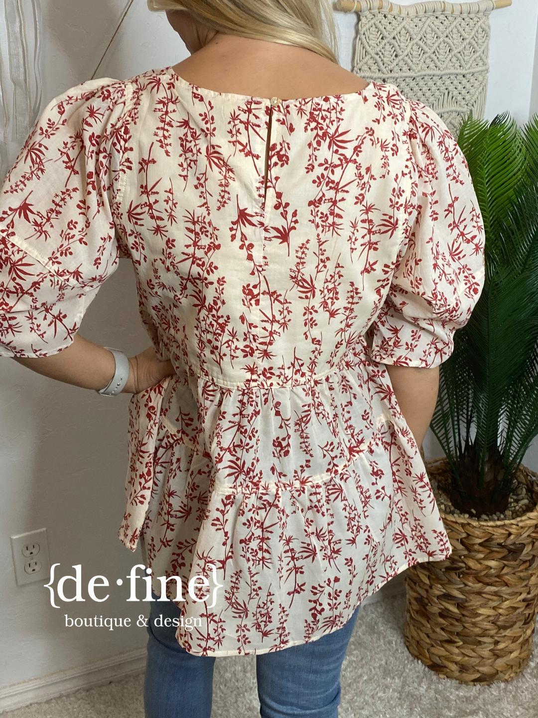 Crimson and Ivory Floral Peasant Top