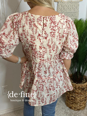 Crimson and Ivory Floral Peasant Top