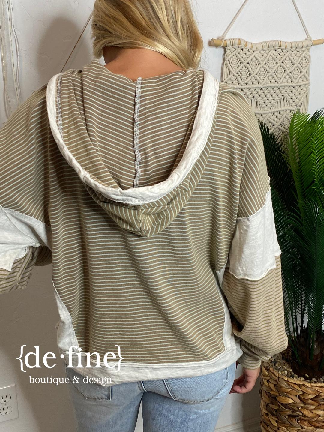 Mushroom & Tan Mini Striped V-Neck Hoodie