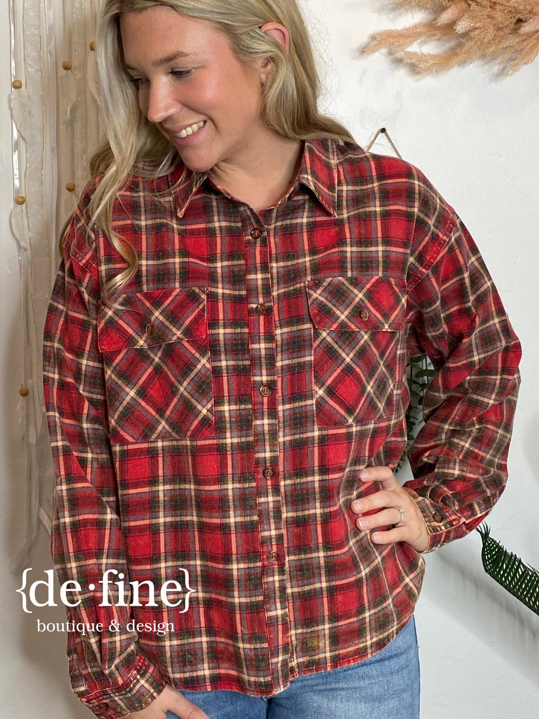 Vintage Brushed Red and Gray Plaid Flannel Button Up