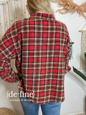 Vintage Brushed Red and Gray Plaid Flannel Button Up