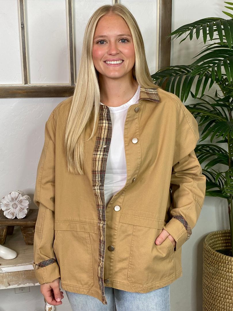 Washed Barn Coat with Plaid Trim