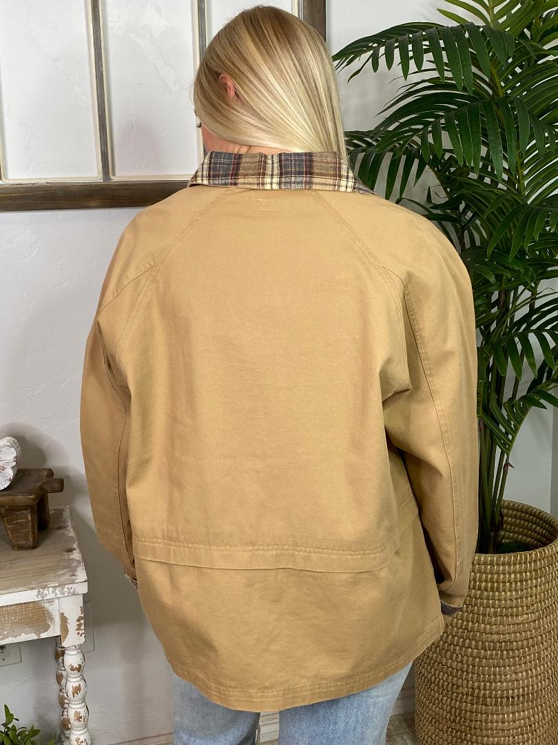 Washed Barn Coat with Plaid Trim