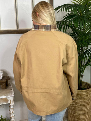 Washed Barn Coat with Plaid Trim