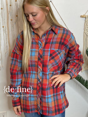 Vintage Brushed Red and Blue Plaid Flannel Button Up